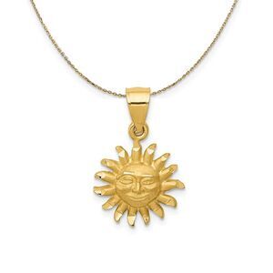 14k Yellow Gold Satin & Diamond Cut Smiling 2D Sun Necklace - 24 Inch